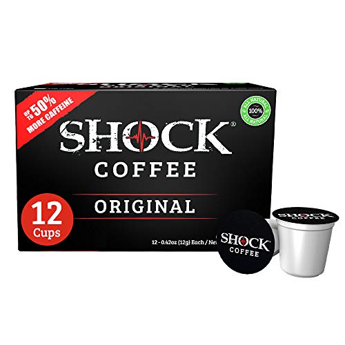 Shock Coffee Single Serve Cups. Up to 50% more Caffeine than Regular Coffee. 12 count - Compatible with Keurig K-Cup Brewers 2.0