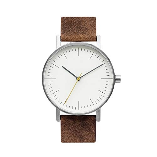 BIJOUONE B001 Minimalist Brown Leather Stainless Steel Swiss Quartz Analog Unisex Watch, Clean Simple Causal Vintage Design