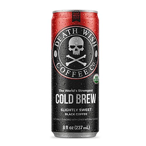 DEATH WISH COFFEE Canned Organic Iced Cold Brew, Slightly Sweetened Black [8 fl oz | 12 pack | 300mg of Caffeine] The World's Strongest, Dairy Free, Low Carb, Keto Friendly Energy Drink