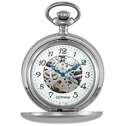 Gotham Men's Silver-Tone 17 Jewel Mechanical Double Cover Pocket Watch