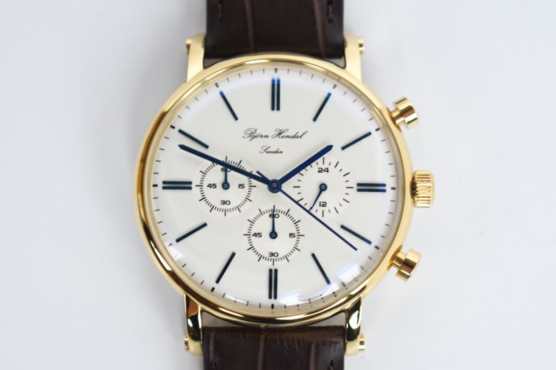 Bjorn Hendal varberg chronograph eggshell white dial closeup blue baton