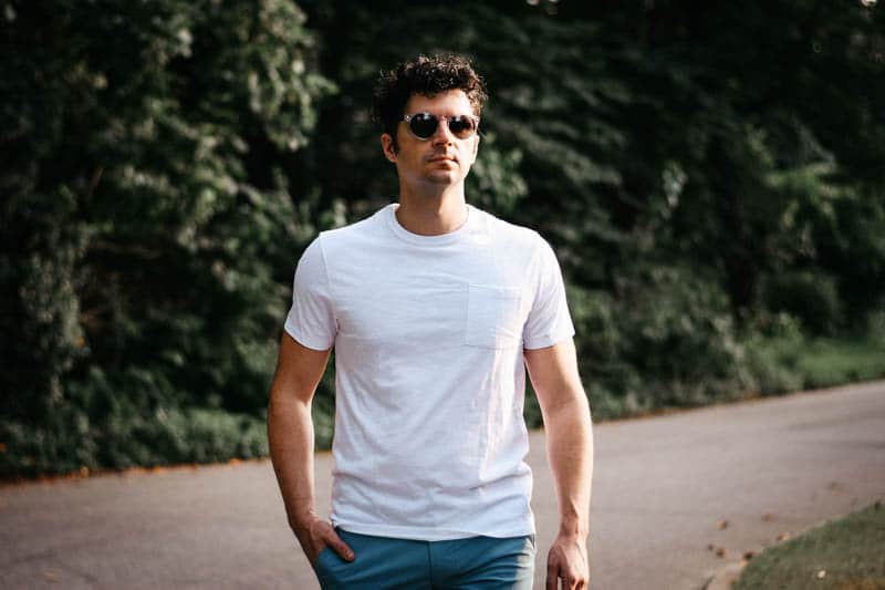 closeup of model wearing jcrew tee shirt