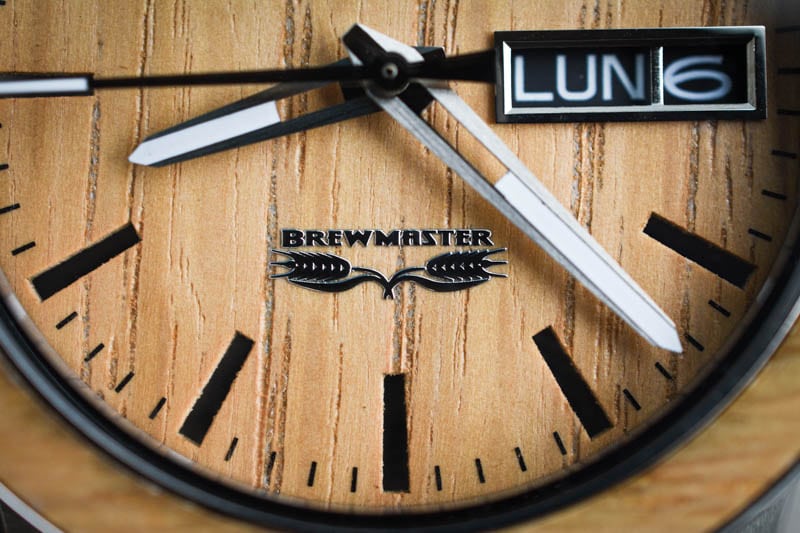 closeup on barrel brewmaster logo