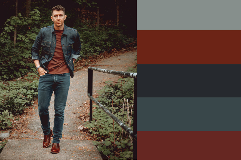 denim chore jacket with red fall colors