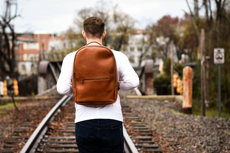 model holding straps of full grain leather backpack