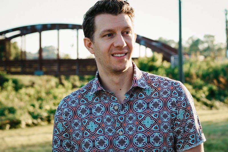 model wearing carbone short sleeve shirt moroccan tile inspired robert graham