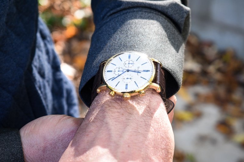 model wearing varberg chronograph white dial