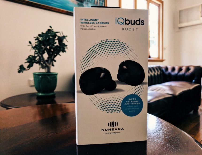 Nuheara IQbuds BOOST box front standing