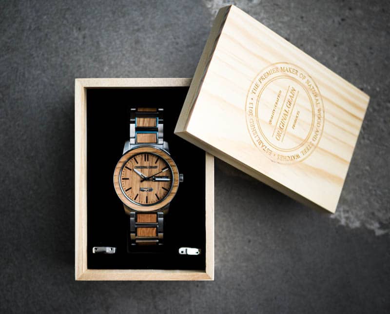 Original Grain barrel brewmaster watch in packaging against concrete