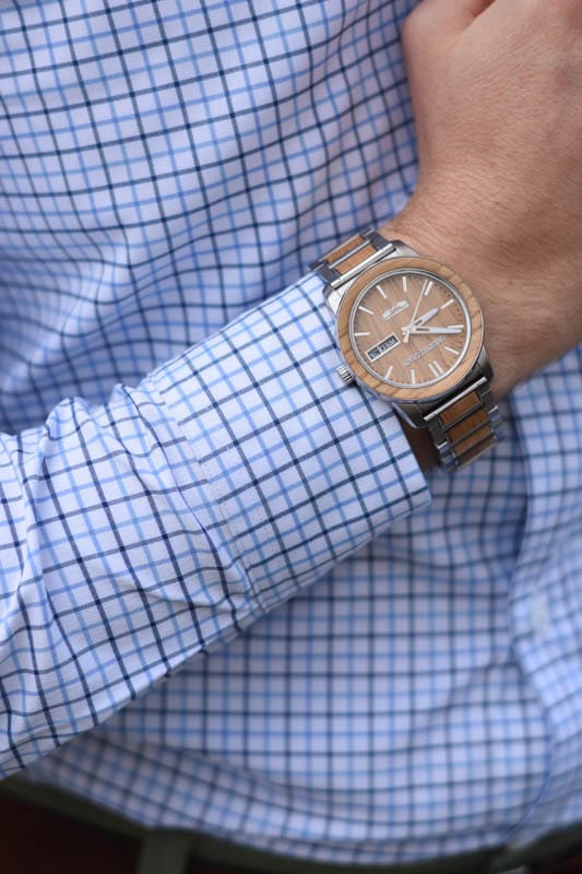 original grain watch on model wearing blue checked dress shirt