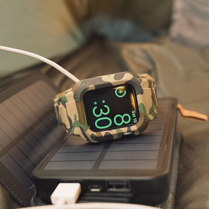 Rhino Band Stealth 44mm on its side Camo color sitting on iPhone