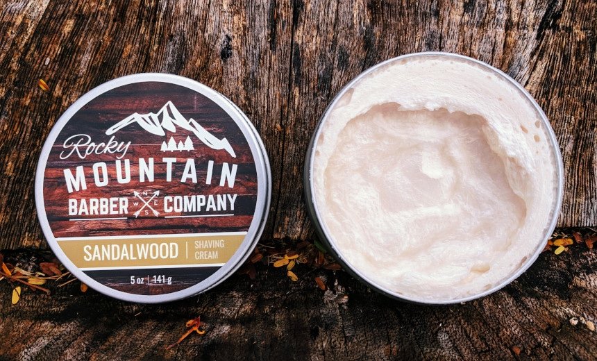 Rocky Mountain Barber Company Sandalwood Shaving Cream Tub Open