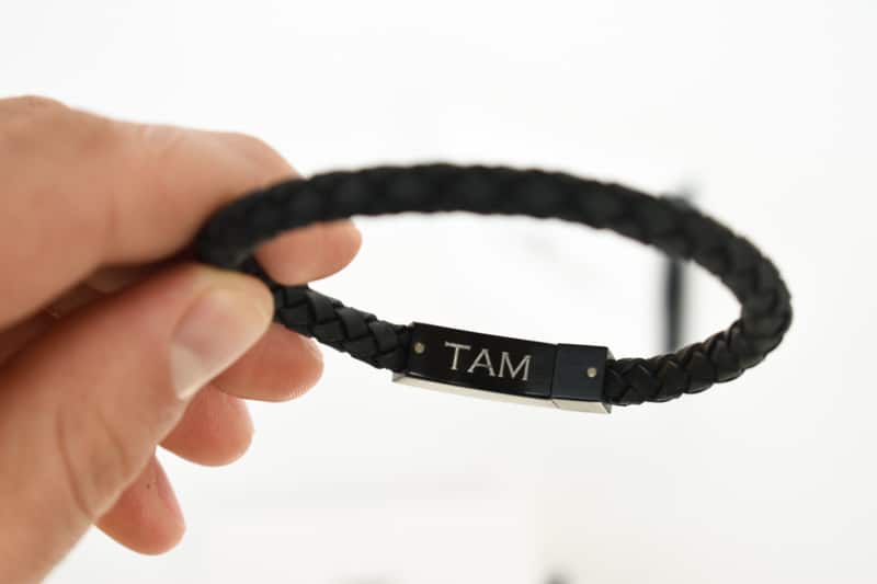 The Steel Shop 6mm leather bracelet with engraving closeup