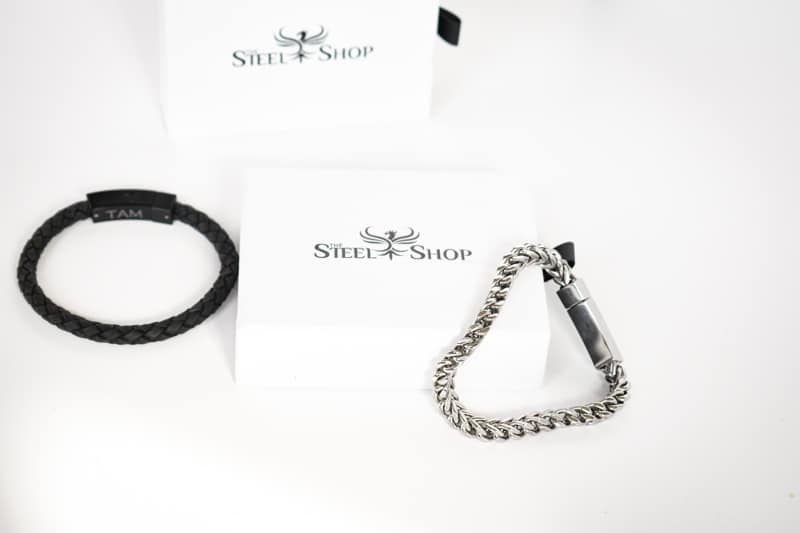 TheSteelShop franco link bracelet hanging off box