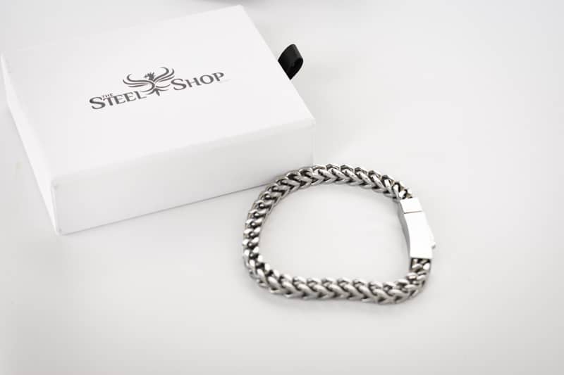 TheSteelShop franco link bracelet next to package