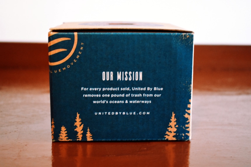 United By Blue Off Leash Enamel Mug Candle Packaging Mission Message