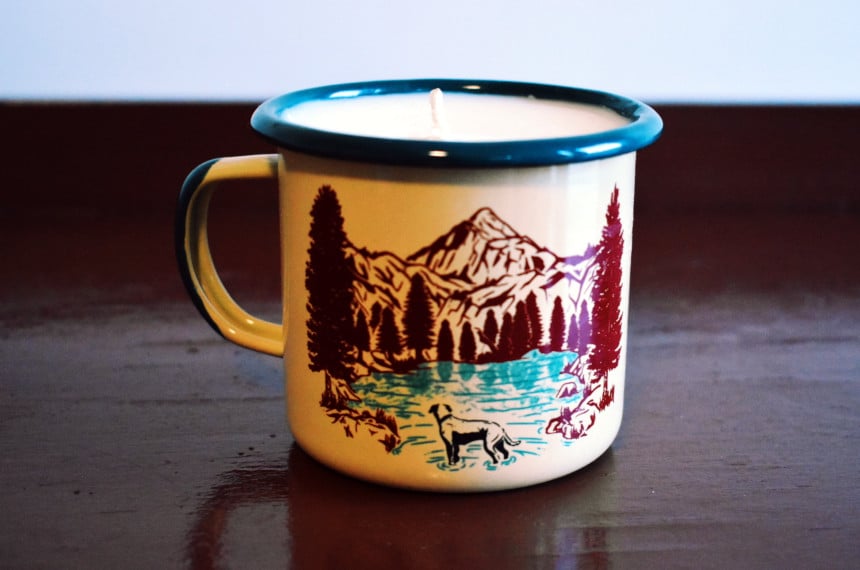 United By Blue Off Leash Enamel Mug Candle Side Dog