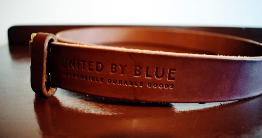 United By Blue Standard Leather Belt Close Up Logo